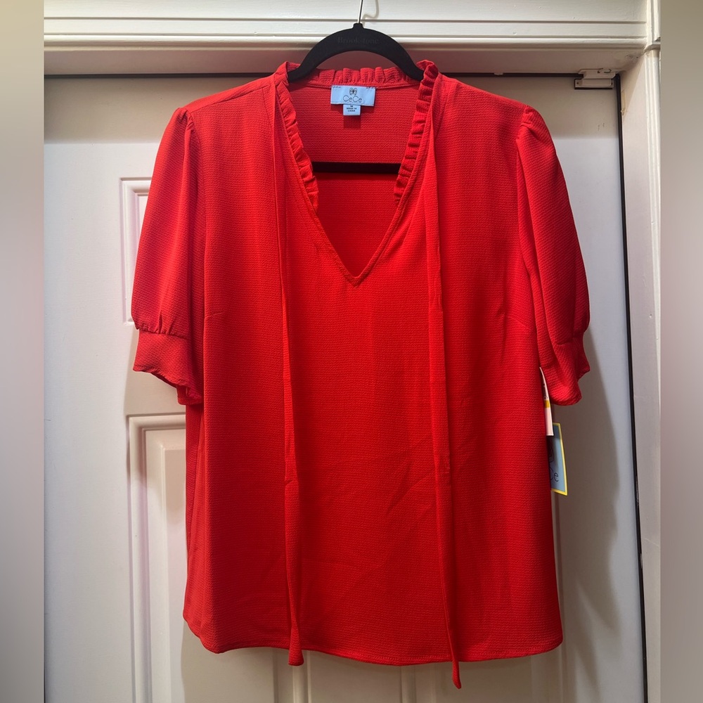 CeCe Red Puff Sleeve Blouse with Mandarin Collar